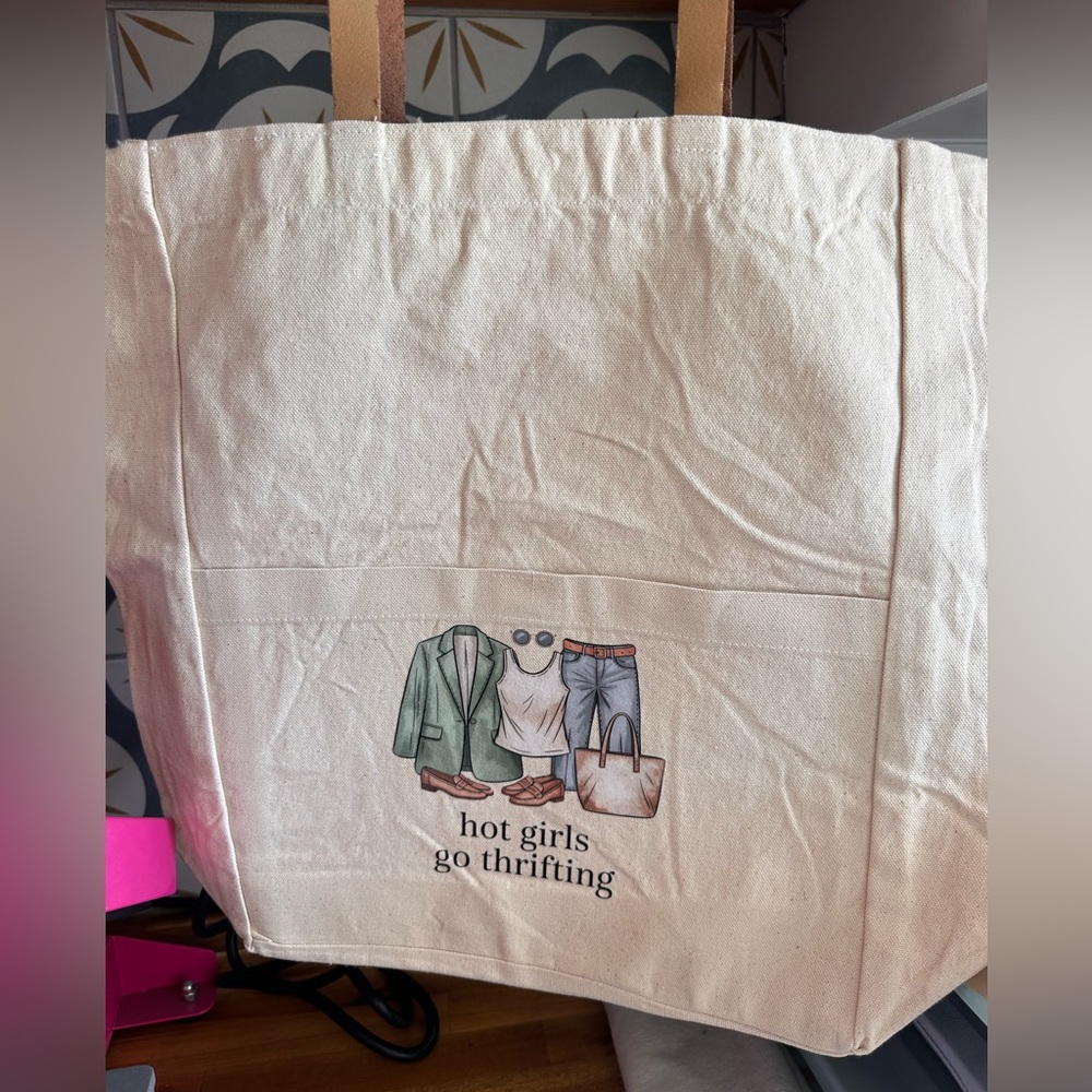 Canvas Tote Bag with 'Hot Girls Go Thrifting' Graphic - Cream